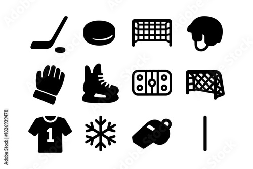 Hockey icon set: gear, equipment, and symbols in bold black style