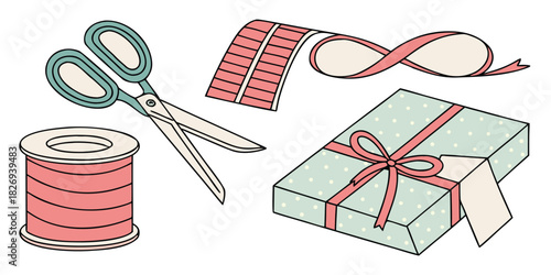 A collection of crafting supplies including scissors, a spool of thread, a roll of ribbon, and a wrapped gift box, suggesting preparation for a hobby or event.
