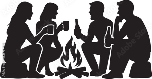 Silhouette illustration of four people sitting around a campfire, arranged in a relaxed circle on folding chairs.