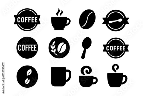 Silhouette coffee icons set: cups, beans, and spoons for cafe branding