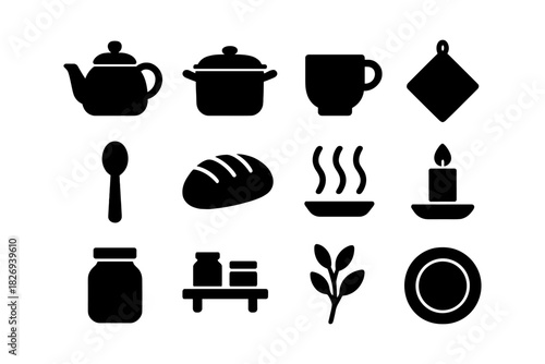 Kitchenware silhouettes: tea pot, cookware, mug, and essentials on white background