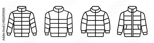Buy winter puffer jacket outline vector illustration for fashion design and clothing template needs