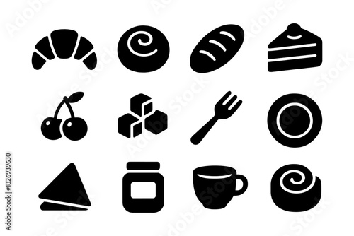 Silhouette icons of bakery items and kitchenware in black and white