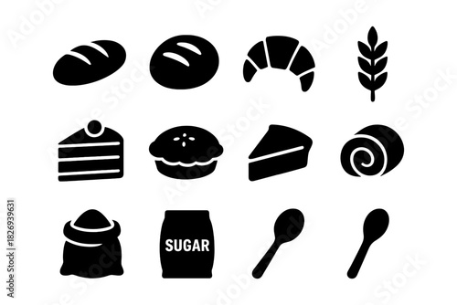 Silhouette icons of bakery goods and ingredients: breads, pastries, and kitchen essentials