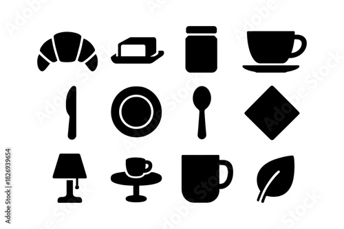 Breakfast icons: coffee, pastries, and kitchenware in modern silhouette design