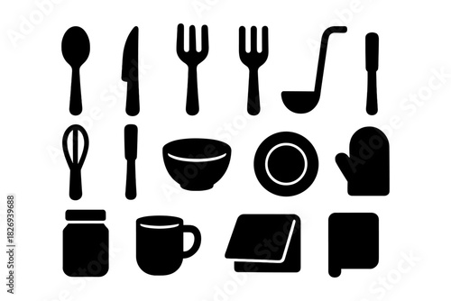 Silhouette kitchen utensils set black icons for cooking and dining design