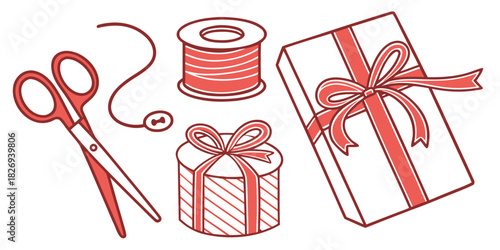 A collection of items for wrapping gifts, including scissors, a spool of thread, and two wrapped presents, one round and one rectangular, all in a stylized red and white illustration.