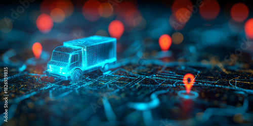 Wallpaper Mural Futuristic delivery truck tracking on a digital urban network with glowing GPS markers Torontodigital.ca