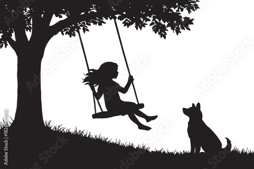  girl swinging on tree swing with dog nearby, peaceful outdoor scene silhouette vector
