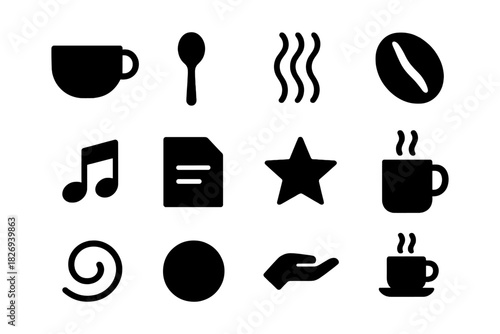 Minimalist icons: coffee, music, and more in simple silhouette style