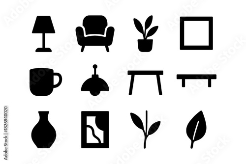 Silhouette home décor icons: furniture, plants, lighting, art
