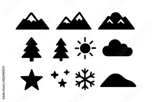 Minimalist nature icons: mountains, trees, and weather elements in silhouette style