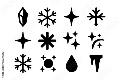 Collection of minimalist winter icons featuring snowflakes, stars, and ice elements