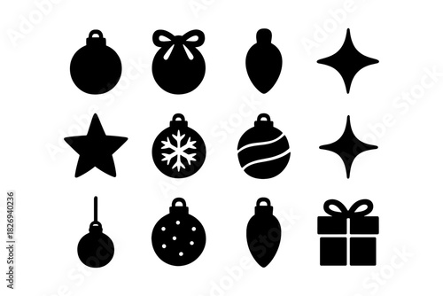 Silhouette christmas decorations set with ornaments and gift box