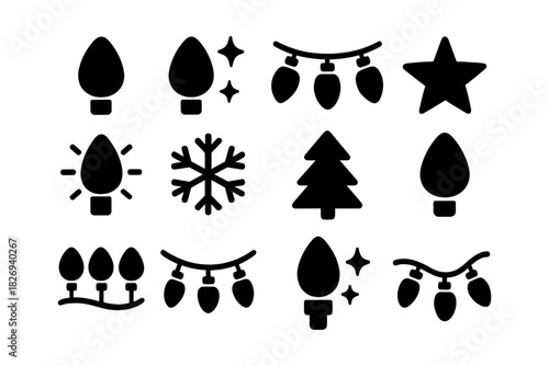 Festive holiday light icons set: celebratory christmas symbols in bold black silhouette