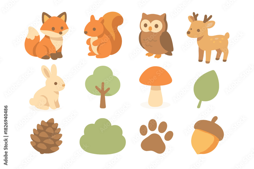 Fototapeta premium Cute woodland animals and nature elements in adorable flat design for kids