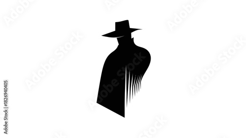 Mysterious person silhouette in fedora hat and trench coat, iconic detective or spy figure, black and white minimal art.