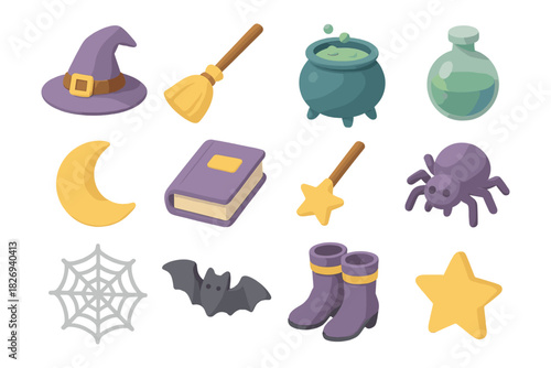Halloween icons in isometric style featuring witch hat, broomstick, and more