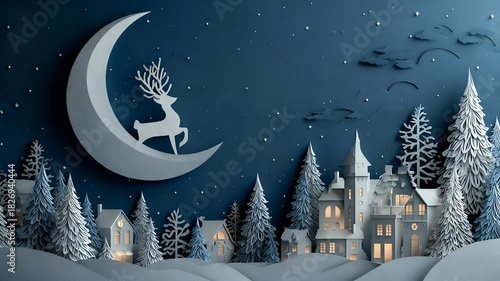 Lunar Deer: Midnight Winter Village Paper Art with Snowy Pines