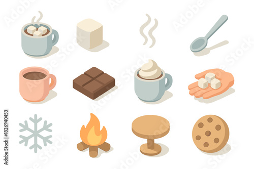 Cozy winter drinks and treats with marshmallows in isometric design