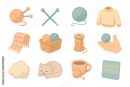 Cozy knitting elements with yarn balls, needles, and cat in pastel colors