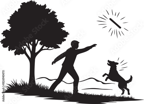 person playing with dog outdoors, throwing stick, grassy field, tree, hills, motion burst, joyful pet interaction scene 