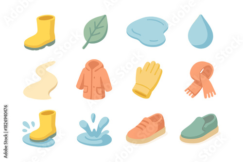 Rainy day essentials: flat icons of boots, clothing, and weather elements