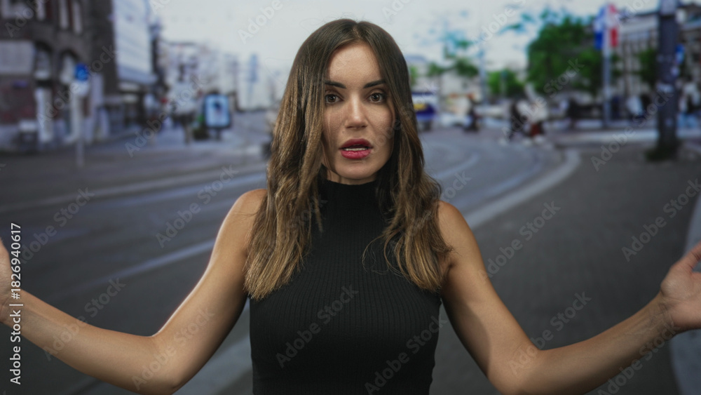 Fototapeta premium Woman raising arm with open mouth and shrugging gesture on a sunlit busy urban street scene; frustration.