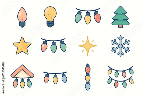 Festive holiday lights icon set with colorful decorations and seasonal symbols
