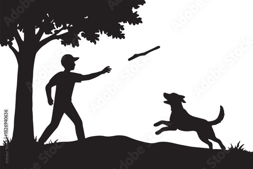 person playing with dog outdoors, throwing stick, grassy field, tree, hills, motion burst, joyful pet interaction scene