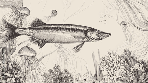 Detailed vintage style marine life illustration with a fish swimming among jellyfish and underwater plants in black and white