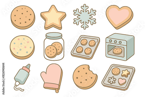 Cute cookie baking icons: oven, stars, hearts, and more in pastel colors