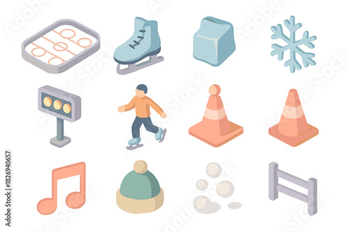 Isometric winter sports icons set featuring ice skating and hockey elements