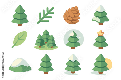 Flat style christmas tree icons with pine cones and leaves in soft colors