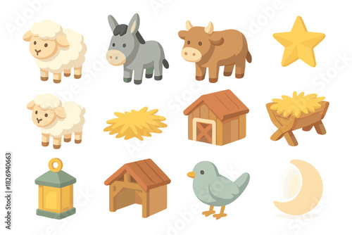 Cute farm animal set with cartoon sheep, donkey, cow, and more elements