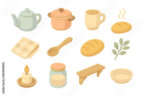 Cozy kitchen elements in soft pastel tones with isometric design