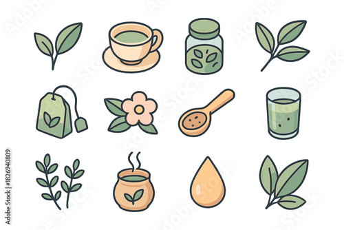 Flat herbal tea elements set with leaves, jar, and tea cup