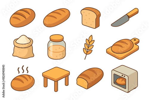 Isometric bread baking set: loaves, ingredients, and tools for artisan bakers