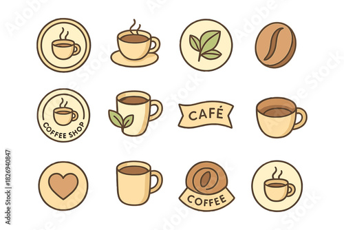 Coffee icon set featuring cups, beans, and leaf designs in flat style