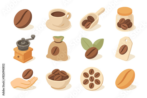 Isometric coffee elements collection: beans, grinder, cups, and more