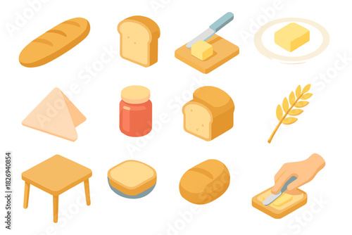 Breakfast essentials: isometric icons of bread, butter, and jam