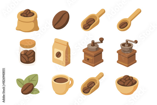 Isometric coffee icons collection featuring beans, grinder, and cup elements