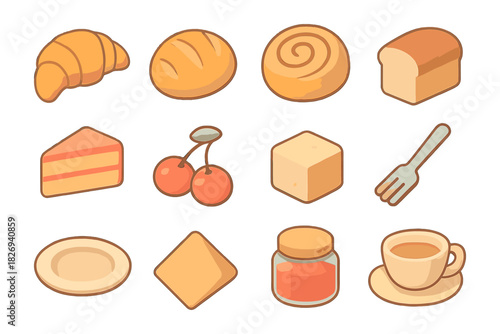 Delightful bakery breakfast icons featuring bread, pastries, coffee, and fruit