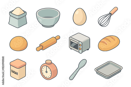 Baking essentials collection: isometric kitchen tools and ingredients