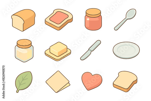 Breakfast essentials: cute cartoon icons of bread, toast, and kitchen items