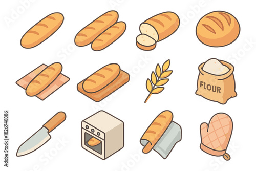 Freshly baked bread icons: isometric style bakery and baking elements