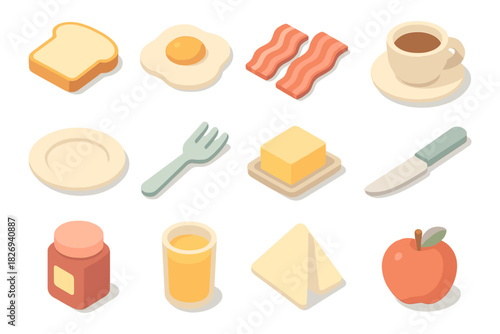 Isometric breakfast icons set with toast, eggs, coffee, and more