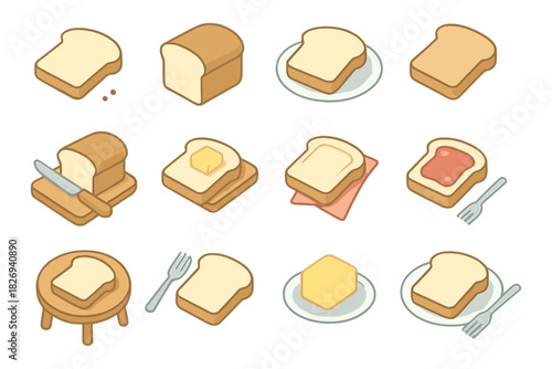 Isometric bread and toast icons with butter and jam on plates