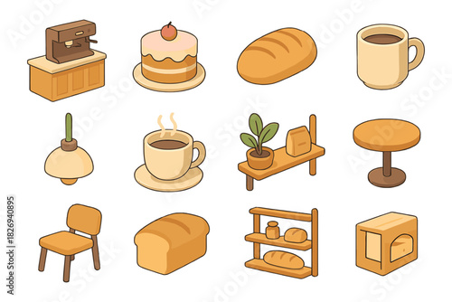 Cozy cafe icons set featuring coffee, bakery items, and furniture in flat design style