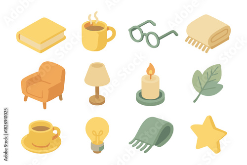 Cozy home living: isometric icons of books, coffee, glasses, and decor